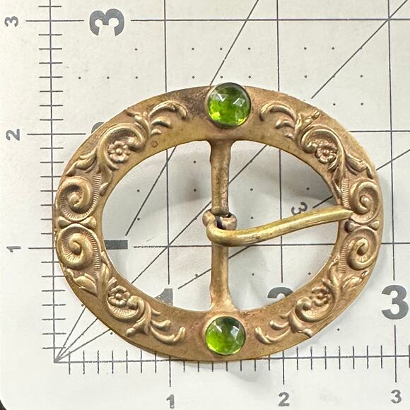 Antique Art Nouveau embossed gold tone brass green rose cut glass belt buckle main image 2